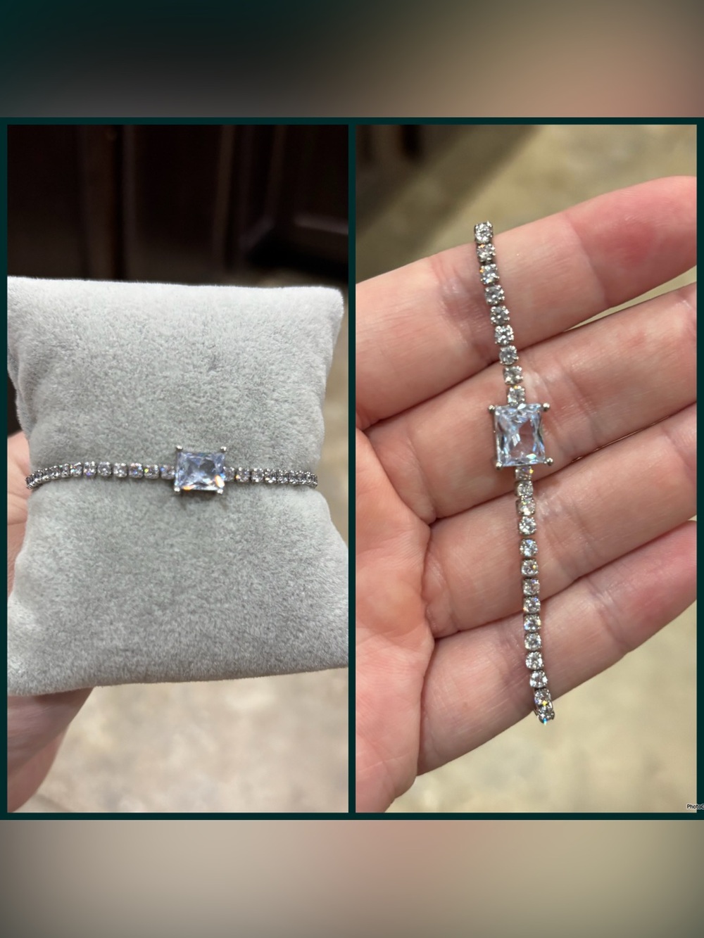 Sterling Silver Tennis Bracelet with Square Clear Center Stone - White